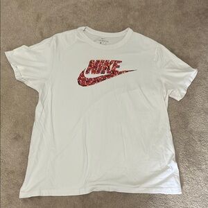 Nike White T-Shirt with Red Orange Shoe Box Logo Swoosh Size XL